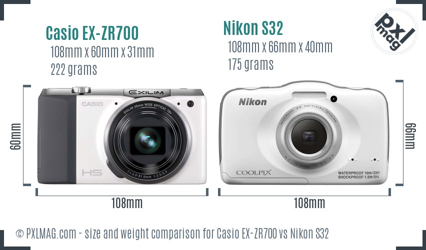 Casio EX-ZR700 vs Nikon S32 size comparison