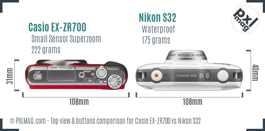 Casio EX-ZR700 vs Nikon S32 top view buttons comparison