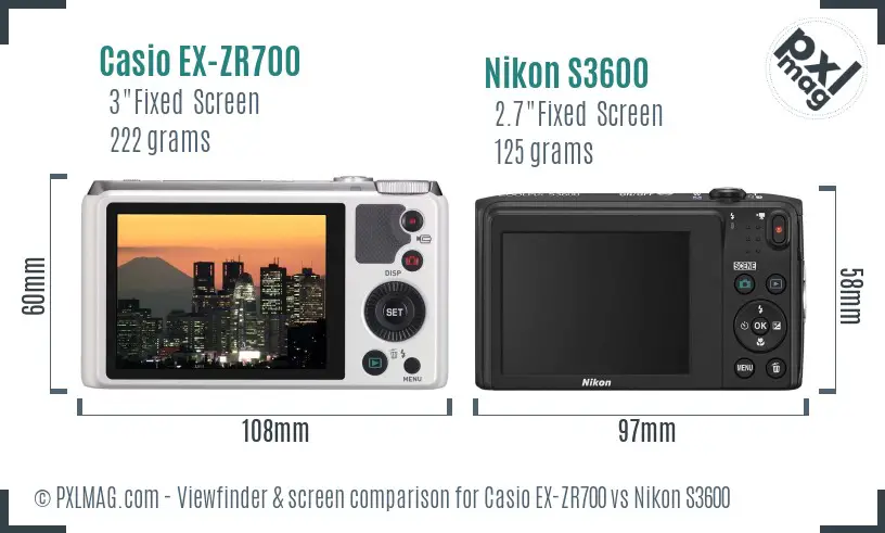 Casio EX-ZR700 vs Nikon S3600 Screen and Viewfinder comparison