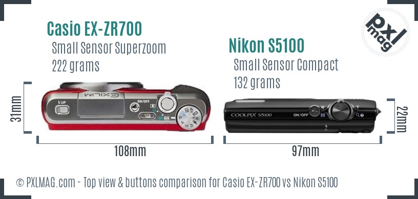 Casio EX-ZR700 vs Nikon S5100 top view buttons comparison