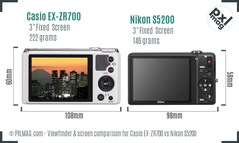 Casio EX-ZR700 vs Nikon S5200 Screen and Viewfinder comparison