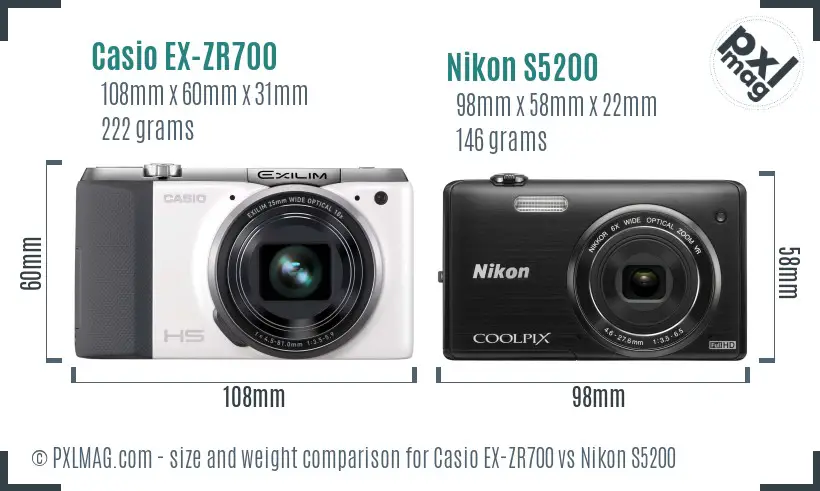 Casio EX-ZR700 vs Nikon S5200 size comparison