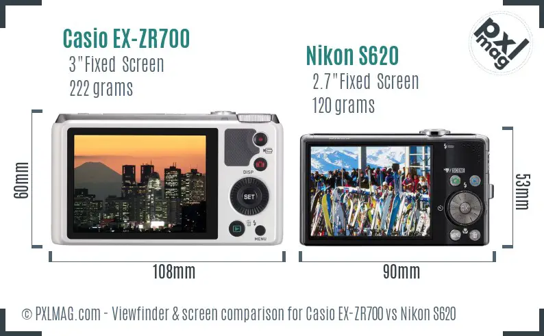 Casio EX-ZR700 vs Nikon S620 Screen and Viewfinder comparison