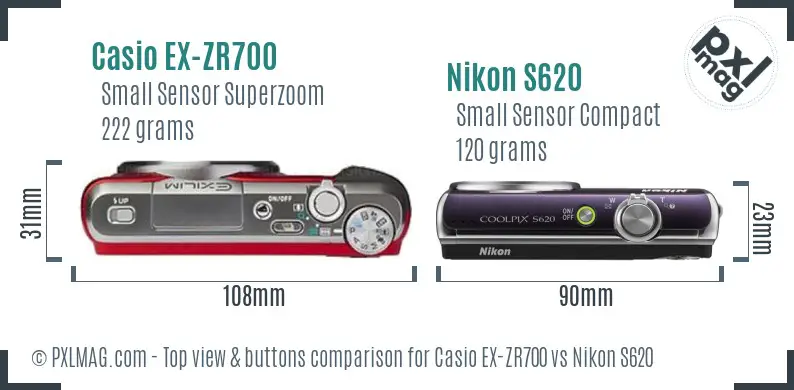 Casio EX-ZR700 vs Nikon S620 top view buttons comparison