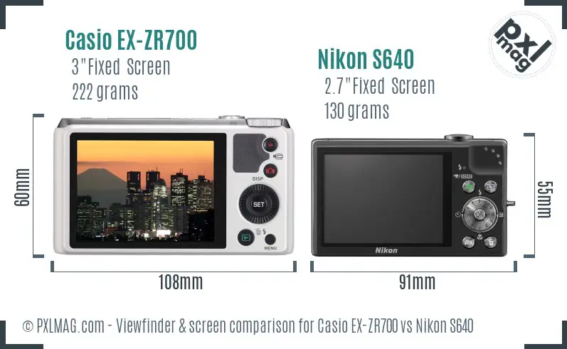 Casio EX-ZR700 vs Nikon S640 Screen and Viewfinder comparison
