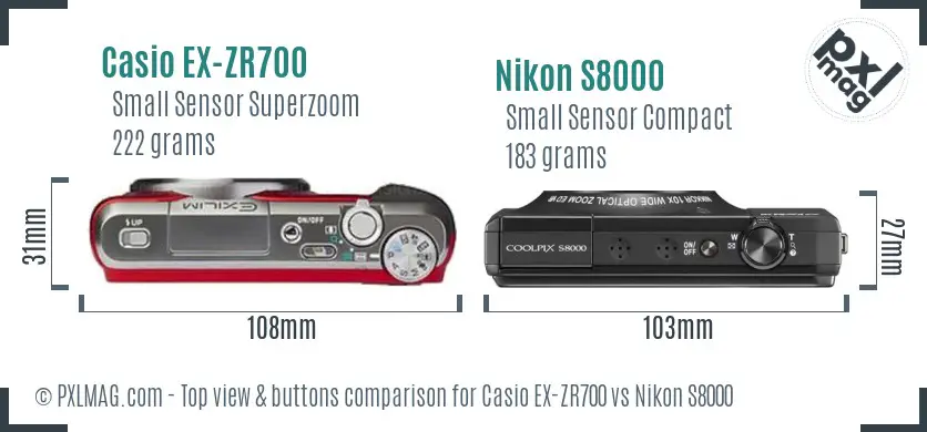 Casio EX-ZR700 vs Nikon S8000 top view buttons comparison Casio EX-ZR700 vs Nikon S8000 top view buttons comparison