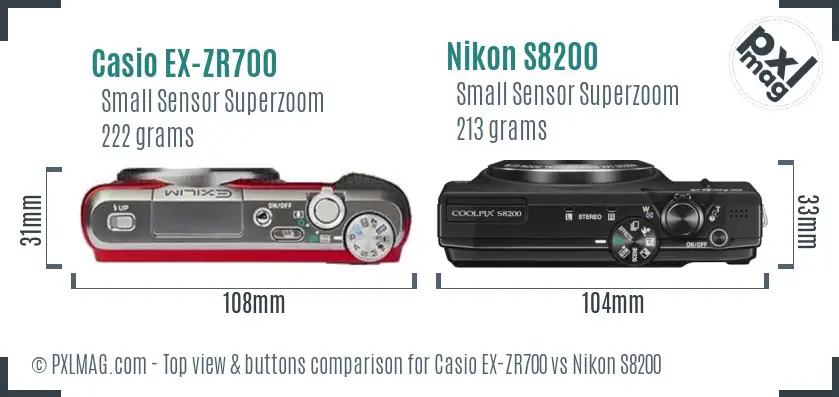 Casio EX-ZR700 vs Nikon S8200 top view buttons comparison