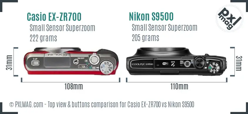 Casio EX-ZR700 vs Nikon S9500 top view buttons comparison