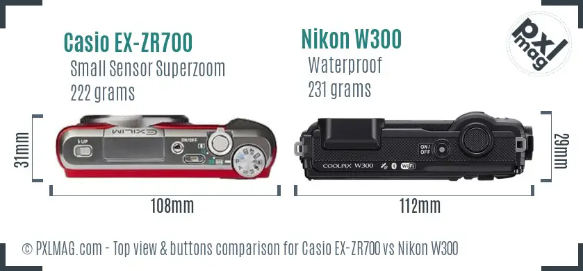 Casio EX-ZR700 vs Nikon W300 top view buttons comparison