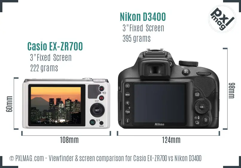 Casio EX-ZR700 vs Nikon D3400 Screen and Viewfinder comparison