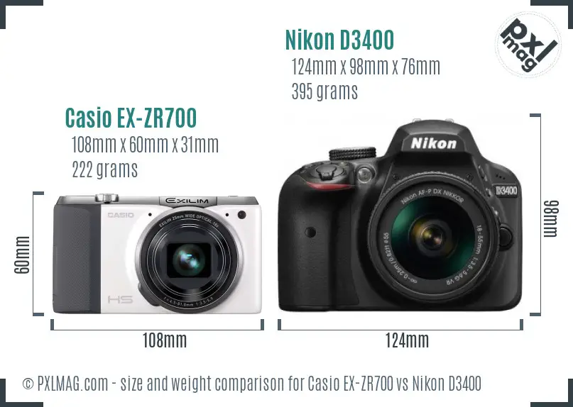 Casio EX-ZR700 vs Nikon D3400 size comparison