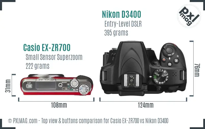 Casio EX-ZR700 vs Nikon D3400 top view buttons comparison
