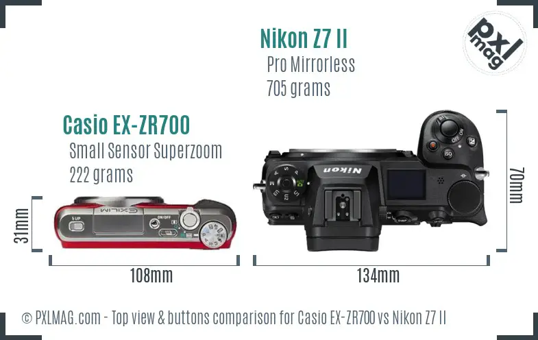Casio EX-ZR700 vs Nikon Z7 II top view buttons comparison