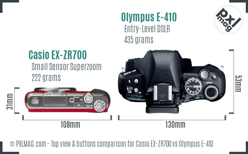 Casio EX-ZR700 vs Olympus E-410 top view buttons comparison