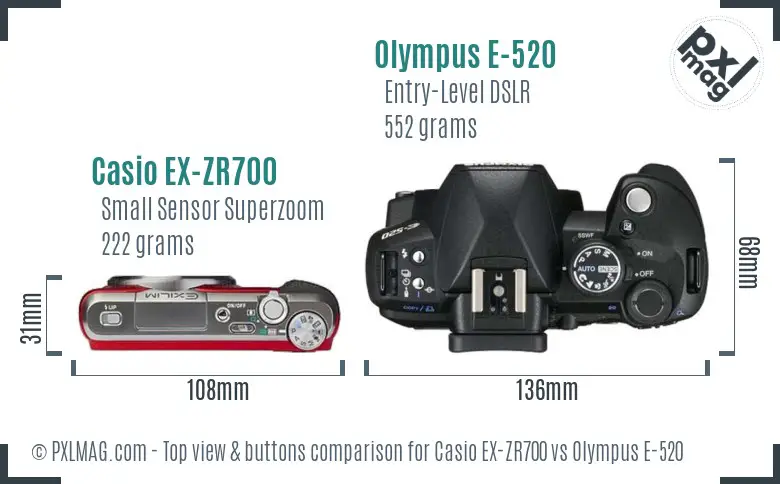 Casio EX-ZR700 vs Olympus E-520 top view buttons comparison