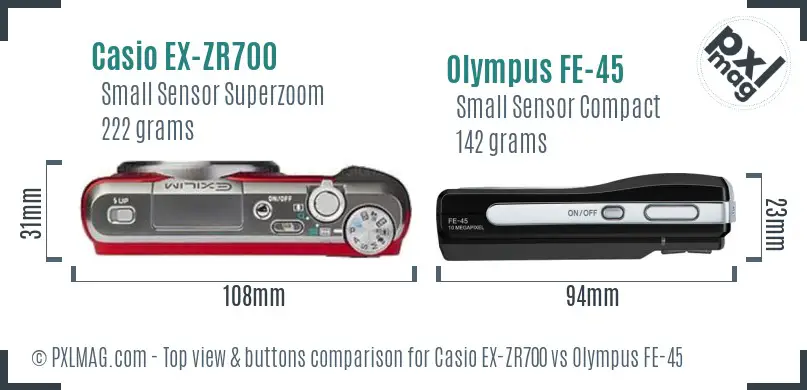 Casio EX-ZR700 vs Olympus FE-45 top view buttons comparison