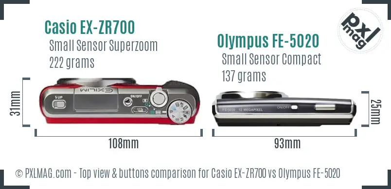 Casio EX-ZR700 vs Olympus FE-5020 top view buttons comparison