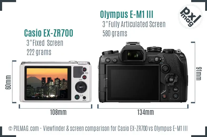 Casio EX-ZR700 vs Olympus E-M1 III Screen and Viewfinder comparison