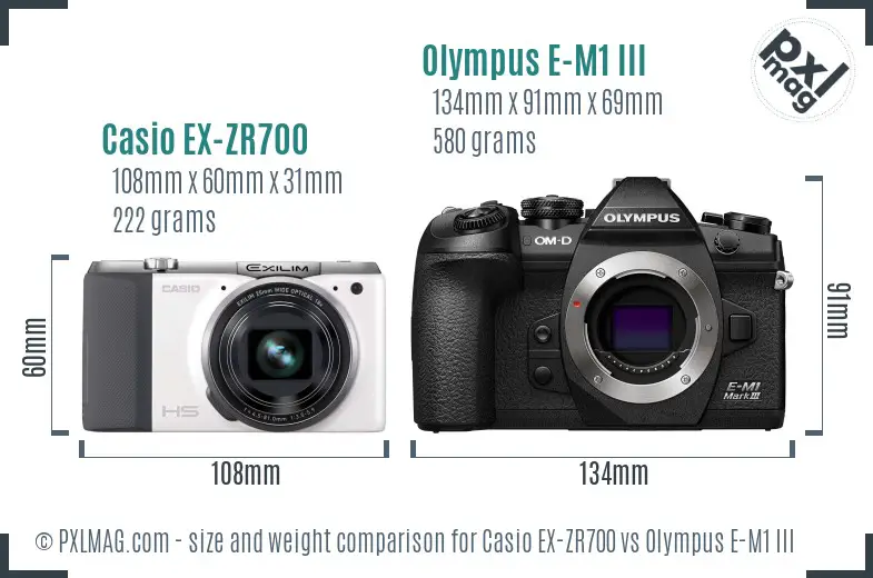 Casio EX-ZR700 vs Olympus E-M1 III size comparison