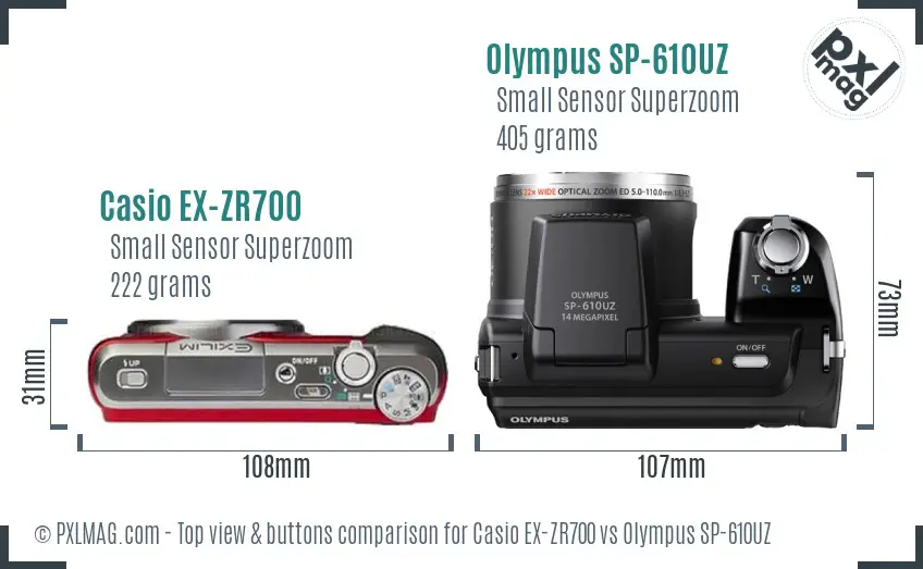 Casio EX-ZR700 vs Olympus SP-610UZ top view buttons comparison Casio EX-ZR700 vs Olympus SP-610UZ top view buttons comparison