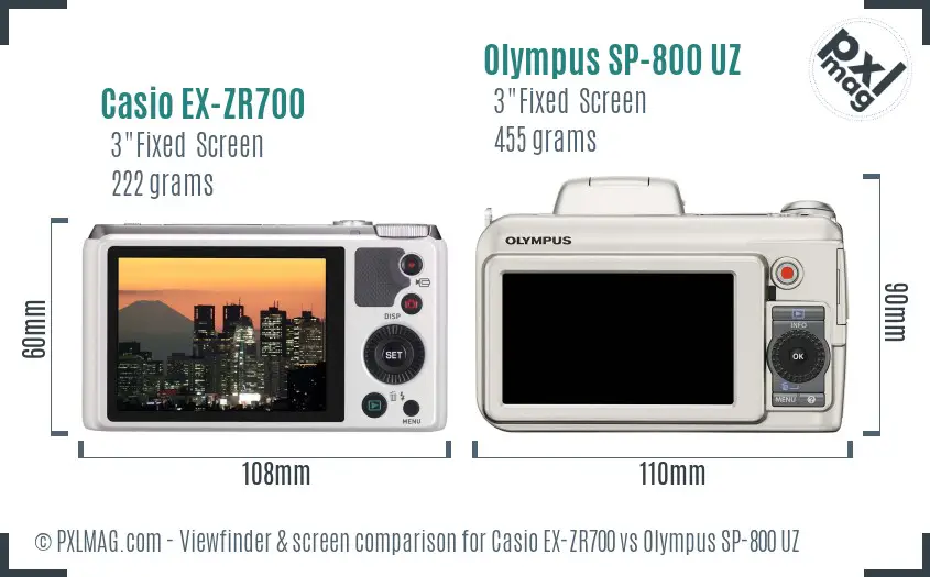Casio EX-ZR700 vs Olympus SP-800 UZ Screen and Viewfinder comparison