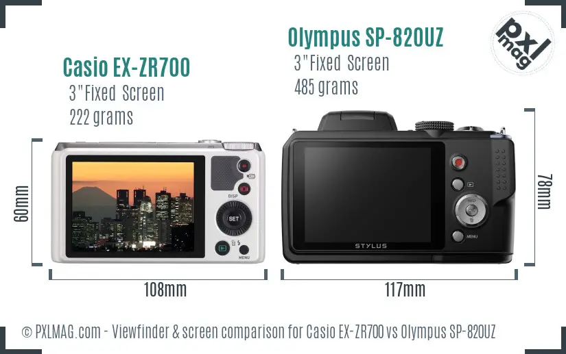 Casio EX-ZR700 vs Olympus SP-820UZ Screen and Viewfinder comparison