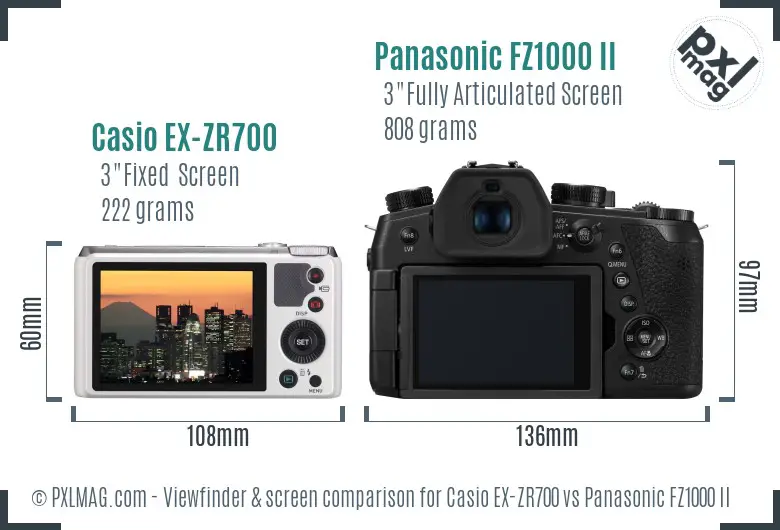 Casio EX-ZR700 vs Panasonic FZ1000 II Screen and Viewfinder comparison