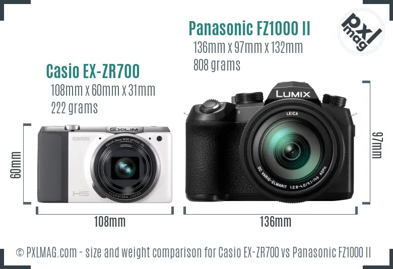 Casio EX-ZR700 vs Panasonic FZ1000 II size comparison