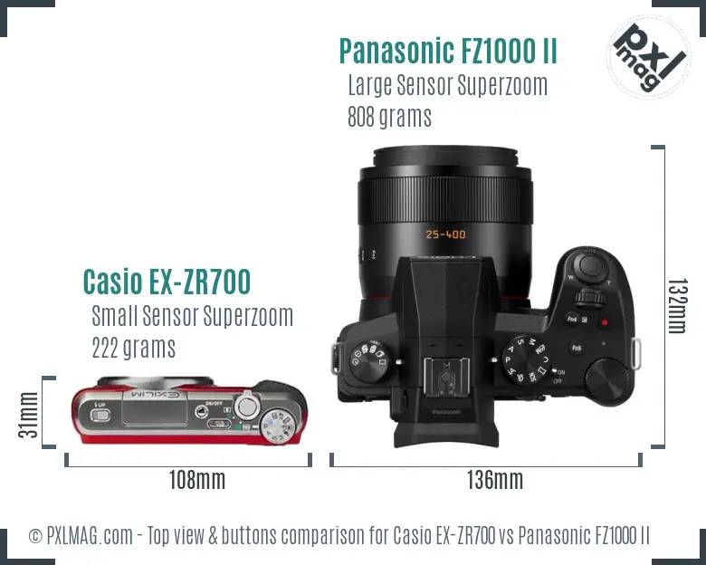 Casio EX-ZR700 vs Panasonic FZ1000 II top view buttons comparison