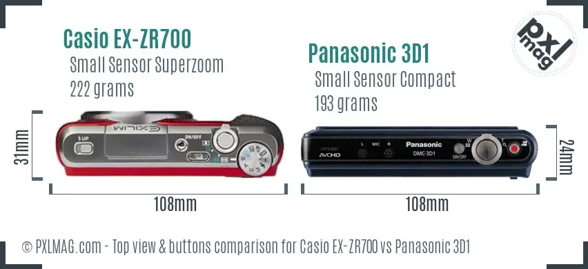 Casio EX-ZR700 vs Panasonic 3D1 top view buttons comparison