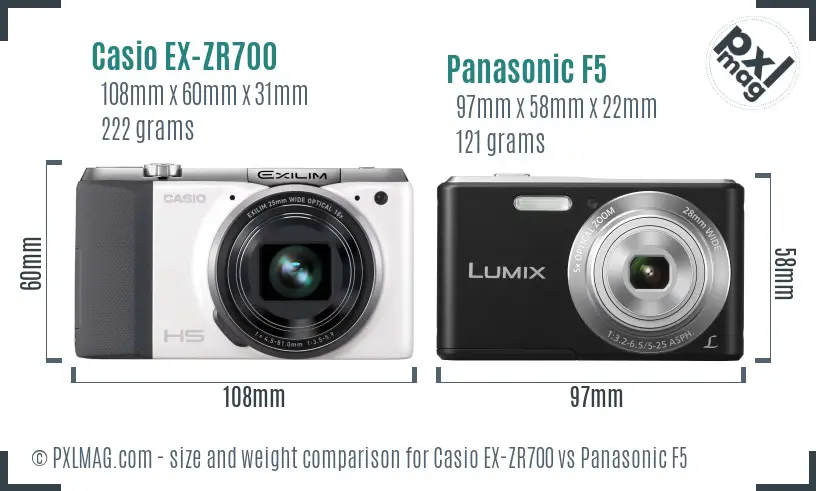 Casio EX-ZR700 vs Panasonic F5 size comparison