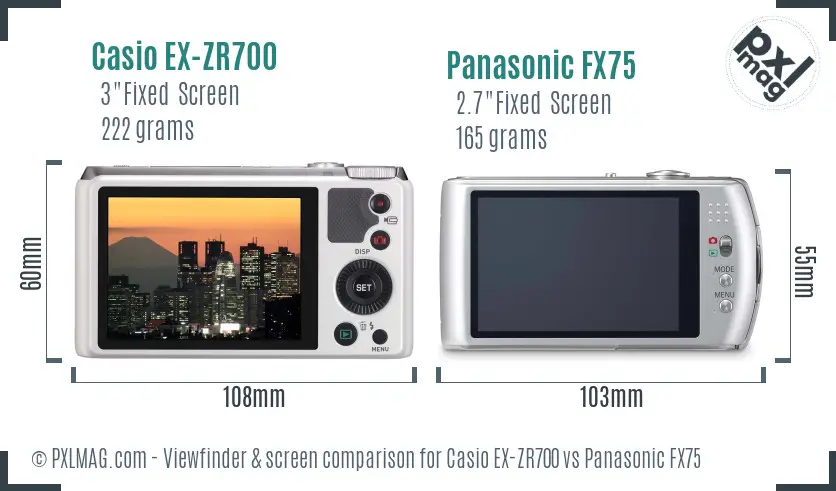 Casio EX-ZR700 vs Panasonic FX75 Screen and Viewfinder comparison