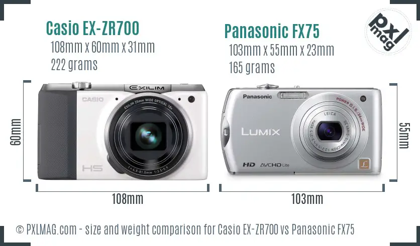 Casio EX-ZR700 vs Panasonic FX75 size comparison