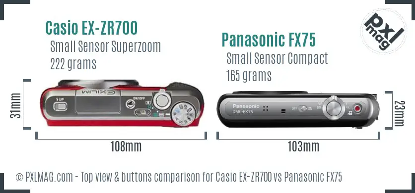 Casio EX-ZR700 vs Panasonic FX75 top view buttons comparison