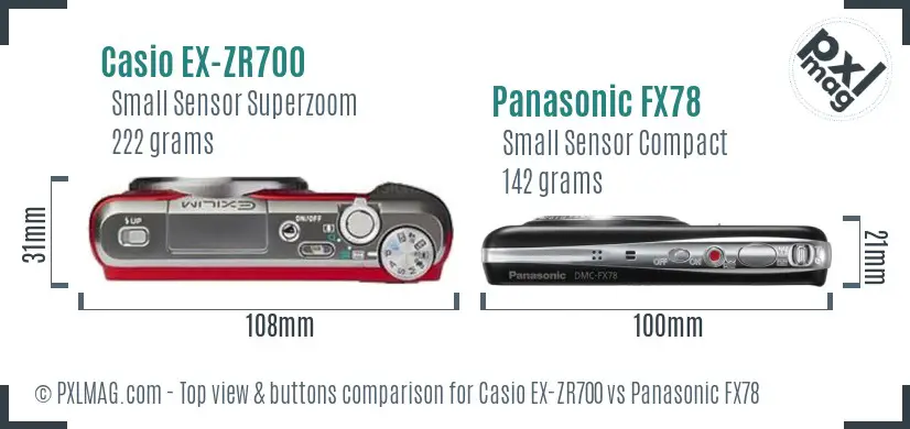 Casio EX-ZR700 vs Panasonic FX78 top view buttons comparison Casio EX-ZR700 vs Panasonic FX78 top view buttons comparison