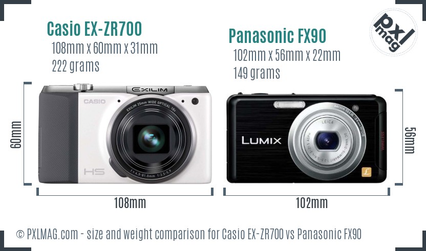Casio EX-ZR700 vs Panasonic FX90 size comparison