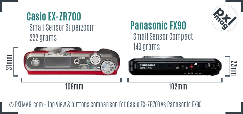 Casio EX-ZR700 vs Panasonic FX90 top view buttons comparison
