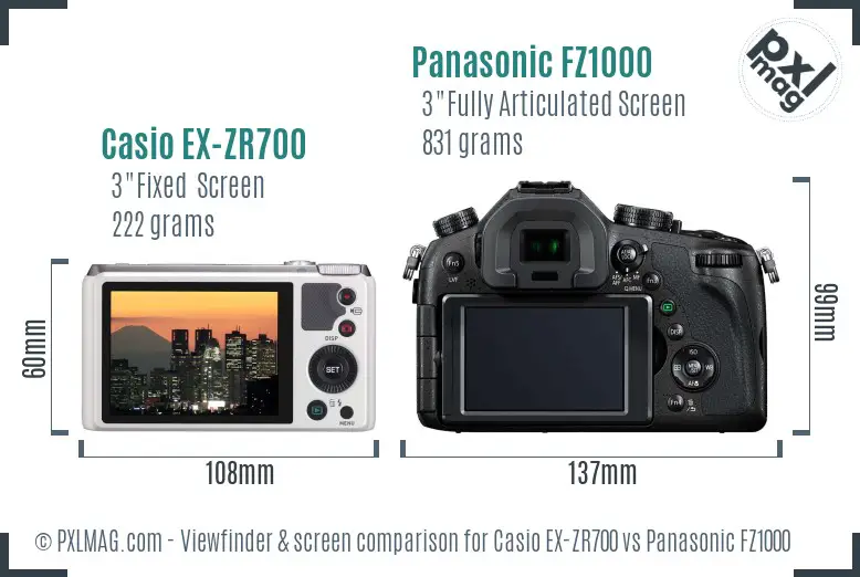 Casio EX-ZR700 vs Panasonic FZ1000 Screen and Viewfinder comparison