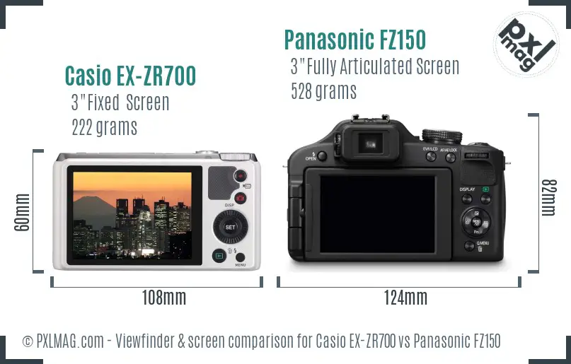 Casio EX-ZR700 vs Panasonic FZ150 Screen and Viewfinder comparison