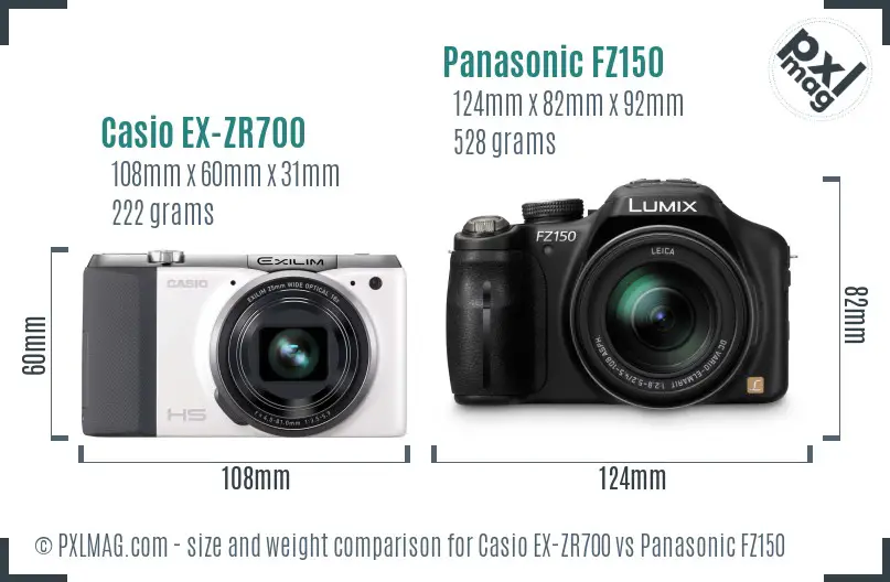 Casio EX-ZR700 vs Panasonic FZ150 size comparison