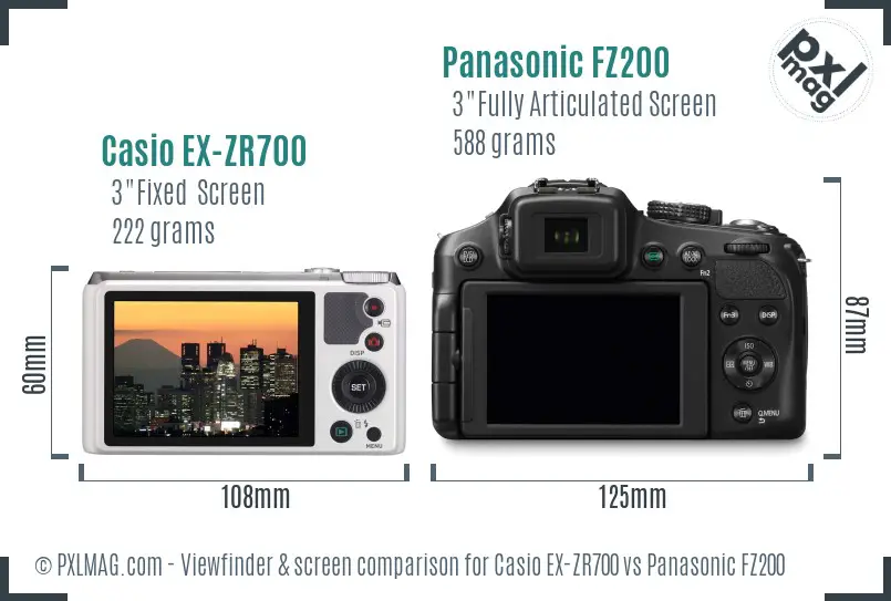 Casio EX-ZR700 vs Panasonic FZ200 Screen and Viewfinder comparison