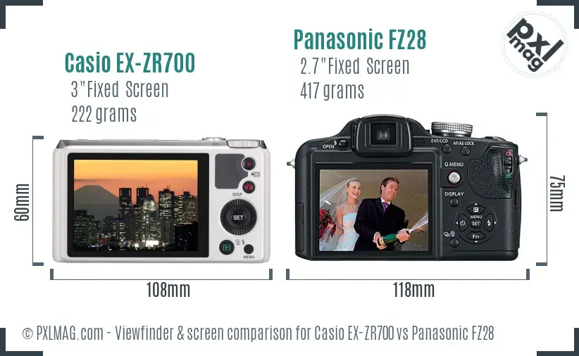 Casio EX-ZR700 vs Panasonic FZ28 Screen and Viewfinder comparison