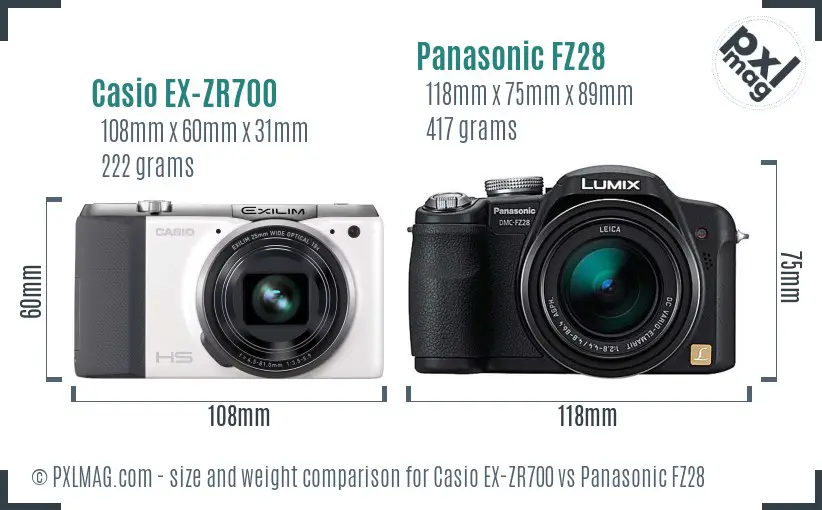 Casio EX-ZR700 vs Panasonic FZ28 size comparison