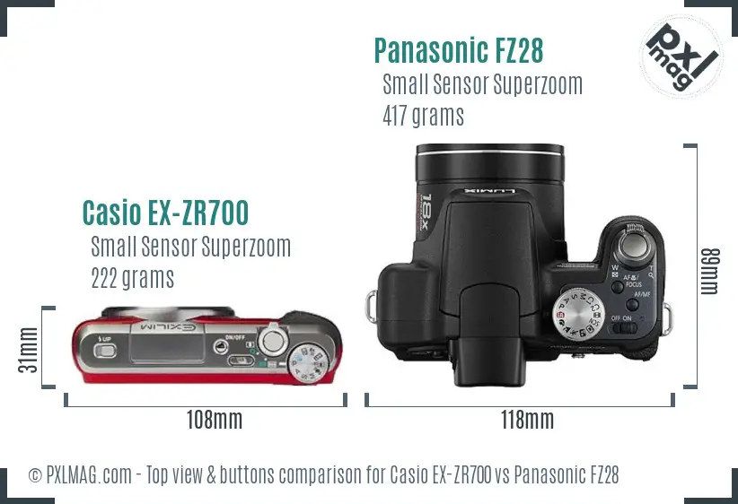 Casio EX-ZR700 vs Panasonic FZ28 top view buttons comparison