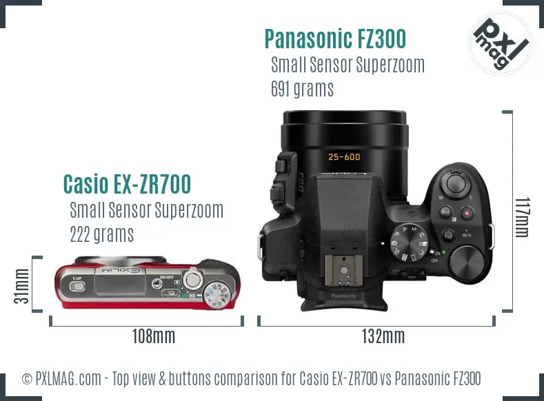 Casio EX-ZR700 vs Panasonic FZ300 top view buttons comparison Casio EX-ZR700 vs Panasonic FZ300 top view buttons comparison