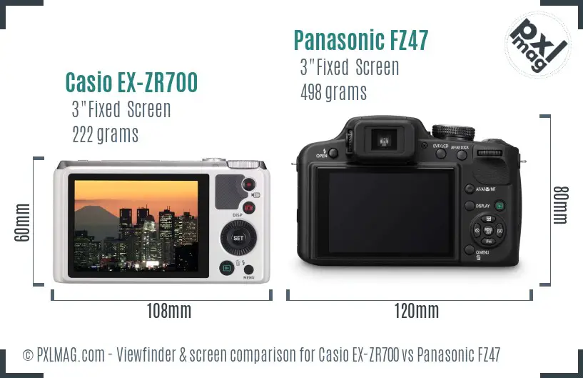 Casio EX-ZR700 vs Panasonic FZ47 Screen and Viewfinder comparison