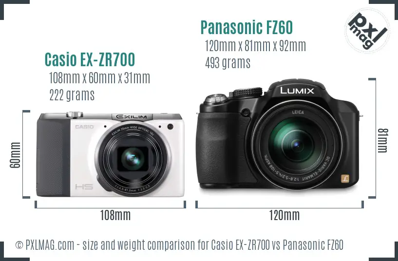 Casio EX-ZR700 vs Panasonic FZ60 size comparison
