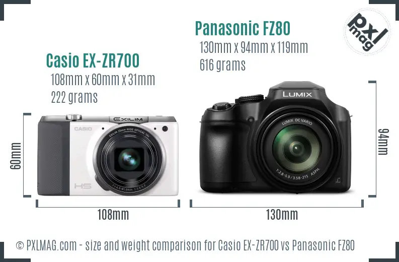 Casio EX-ZR700 vs Panasonic FZ80 size comparison