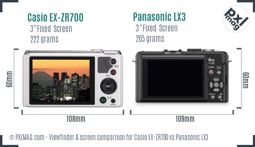 Casio EX-ZR700 vs Panasonic LX3 Screen and Viewfinder comparison