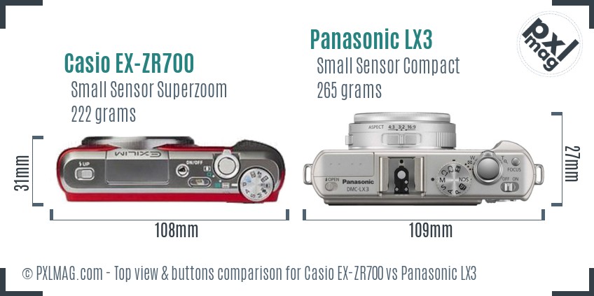 Casio EX-ZR700 vs Panasonic LX3 top view buttons comparison